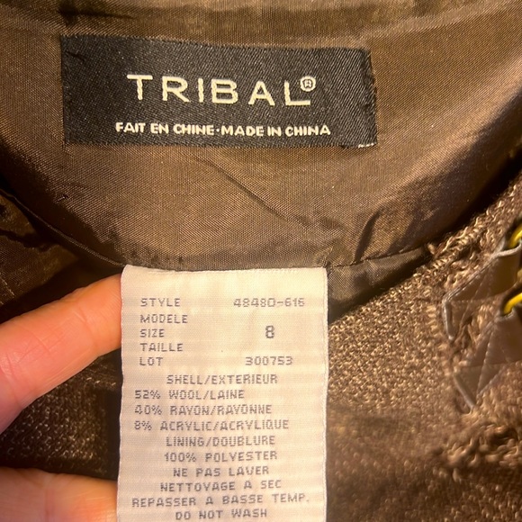 Size 8 Tribal Leather Elements Side Zipper Very Elegant Brown Skirt 52% Wool - Picture 15 of 16